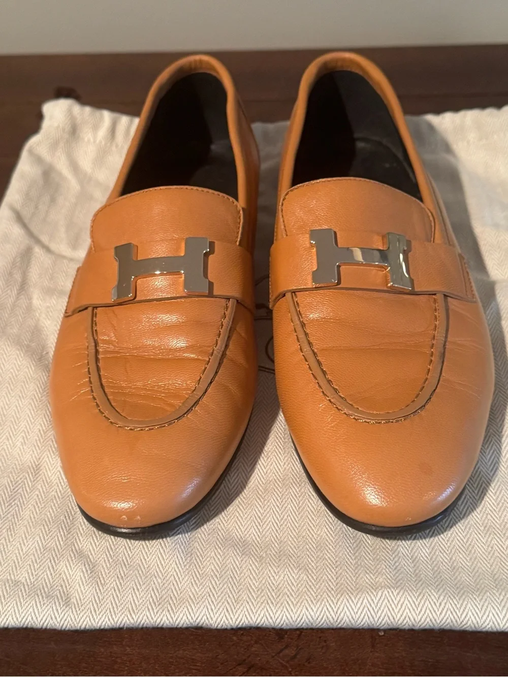 Authentic Hermes Paris Loafers Gold Tan Leather H Buckle Flats Size EU 36.5 US 6
